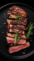 Sliced Grilled Steak with Rosemary and Pepper on Black Plate