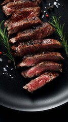 Sliced Grilled Steak with Rosemary and Seasoning on Black Plate