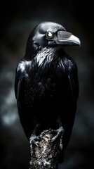 Dramatic close-up of a black raven perched on a branch, showcasing its intense stare.
