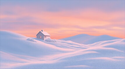Small house in snowy hills at sunset