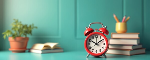 Red alarm clock on teal table near books pencil holder. Time management concept, schedule, routine. Education, office, workplace, deadline, study, planning.