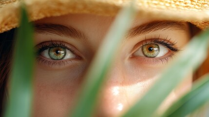 Sunlit Eyes Framed by Green Leaves and Straw Hat