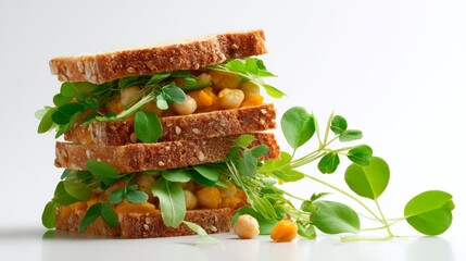 Tall Stacked Vegetarian Sandwich with Chickpeas and Greens