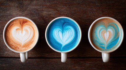 Three colorful heart latte art coffees on wooden background