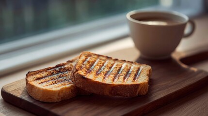 Toasted Bread Slices on Wooden Board with Coffee by Window Light