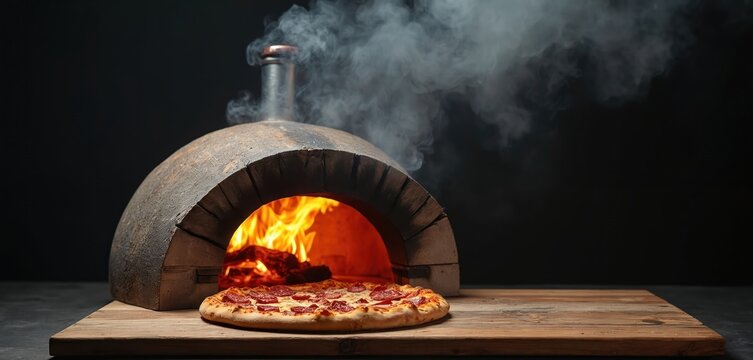 Wood-fired pizza oven with burning flames, pizza on wooden board. Smoke, fire, heat. Pizza with pepperoni. Fresh baked Italian cuisine. BBQ style food. Black background.