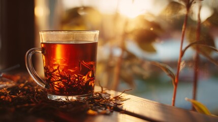 Warm cup of loose leaf tea bathed in golden sunlight