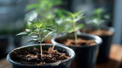 Young Cannabis Plants Growing Indoors in Pots