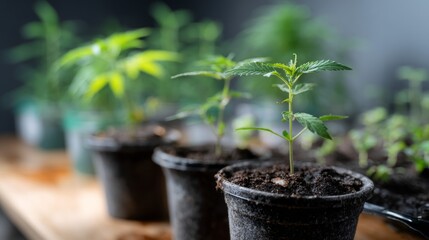Young green plants growing in black pots, close up view of seedlings
