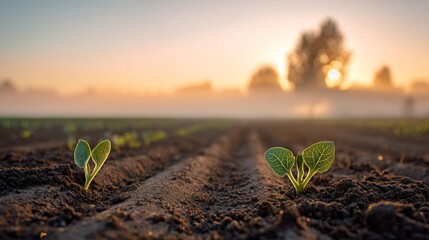 Young Seedlings Sprouting in Fertile Soil at Golden Hour