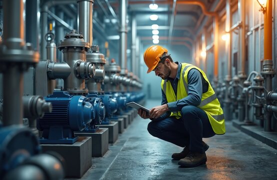 Engineer inspects water system pumps valves, monitoring pressure. Water processing plant, industrial setting. Man uses digital tablet, ensuring safety in commercial installation. Maintenance engineer