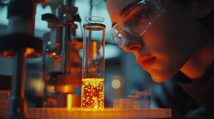 A female scientist closely examines a chemical reaction in a lab test tube for analysis.