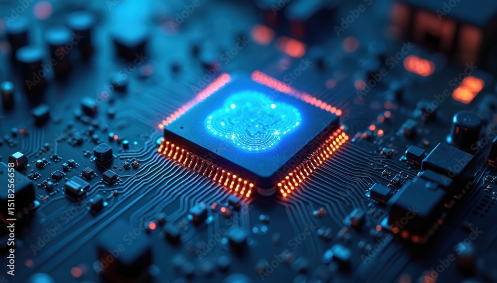 Poster close-up microchip on circuit board with intricate details, glowing lights. high-tech futuristic des