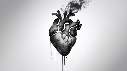 Monochrome Anatomical Heart Illustration with Flowing Smoke Elements
