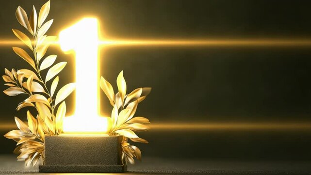 Elegant Golden Number One Trophy Surrounded by Leaves Symbolizing Victory and Achievement 4k video footage