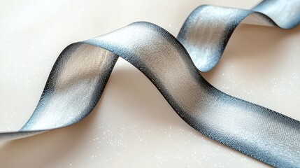 Elegant silver and blue ribbon gracefully curves with a soft, shimmering, festive background.