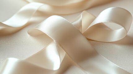 A close-up of creamy ivory satin ribbons arranged on a textured, neutral surface.