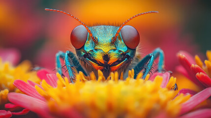 This stunning macro photograph features a colorful insect perched on bright flowers, showcasing intricate details of its eyes and antenna, capturing the essence of nature