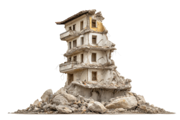 PNG Partially collapsed building ruins with debris and exposed floors