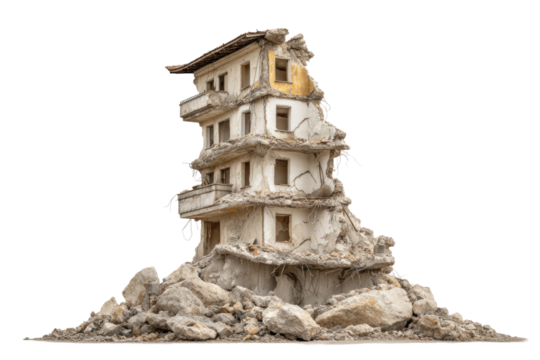 PNG Partially collapsed building ruins with debris and exposed floors