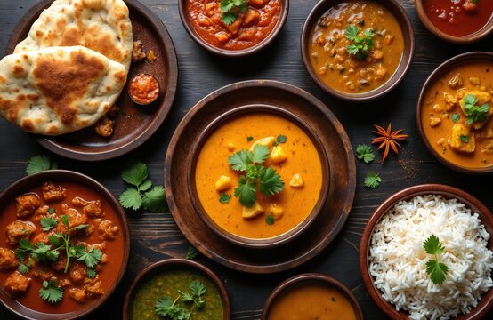 Assorted Indian food on dark wooden table. Various curry dishes, rice, bread, and spices. Traditional asian cuisine meal. Top view of delicious, flavorful, vegetarian, non vegetarian foods.