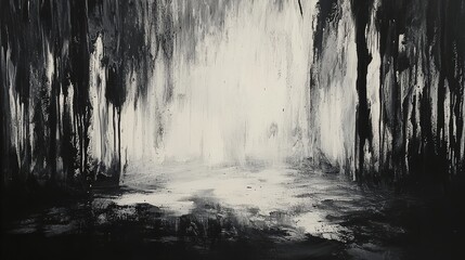 Mysterious abstract black and white ink painting with blurred brush strokes, ground shadows, and soft edges