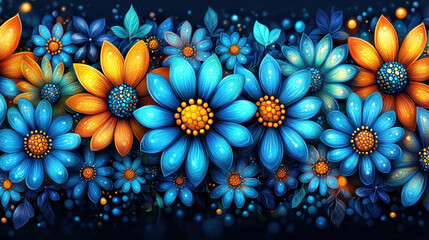 This stunning floral pattern showcases a mix of vibrant blue and orange flowers on a dark background, creating a striking visual appeal perfect for various design projects