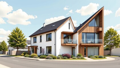 Charming white house with black roof, a timeless architectural design classic