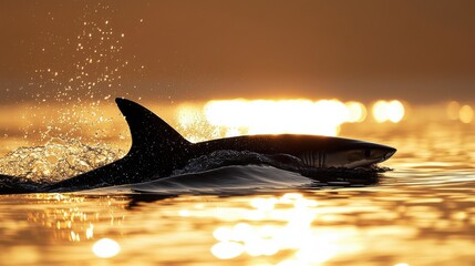 A shark gracefully swims in the ocean during a stunning golden sunset, creating a perfect silhouette.