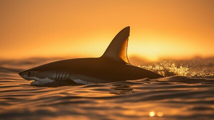 A powerful great white shark glides through ocean waters at sunset, a majestic sight.