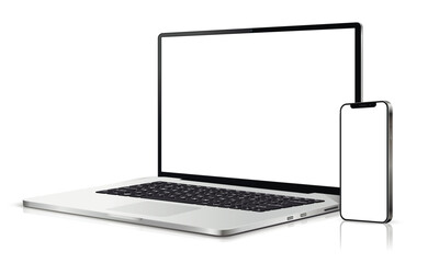 Modern laptop mockup and smartphone mockup isolated on white background