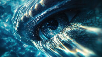 Intriguing close-up reveals a captivating blue eye with intricate details and alluring gaze.