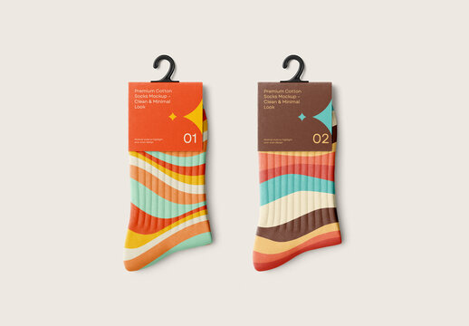 Hanging Sock Packaging Mockup &ndash; Colorful Cotton Socks Display with Hook for Retail Presentation