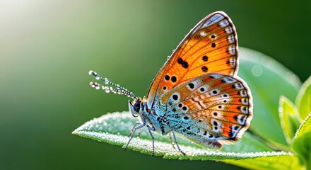 Macro Photo: Vibrant Butterfly with Orange & Blue Wings, Dew on Leaf