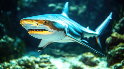 A striking blue shark glides effortlessly in its aquatic habitat, a symbol of power.