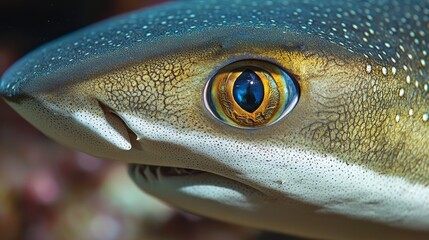 Intriguing close-up of a shark's eye, revealing intricate details and textures in its skin.