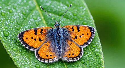 Obraz premium Macro Photo: Vibrant Butterfly with Orange & Blue Wings, Dew on Leaf