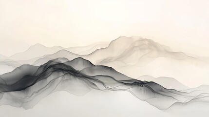 Minimalist mountain landscape with gray and black alcohol ink on white background, elegant ink wash style with soft edges and fluid organic shapes