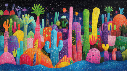 This vibrant abstract illustration showcases a colorful desert landscape at night with unique cacti and plants, creating an enchanting and playful atmosphere