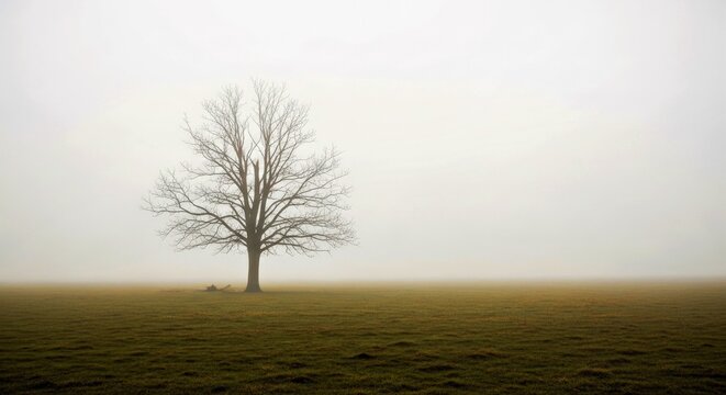 Solitary Bare Tree in Foggy Field - Atmospheric Nature Landscape