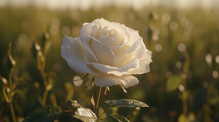 A stunning close-up of a white rose, adorned with water drops, in soft morning light.