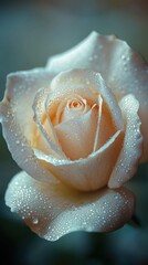 A breathtaking rose reveals its elegant beauty, covered in glistening water droplets.