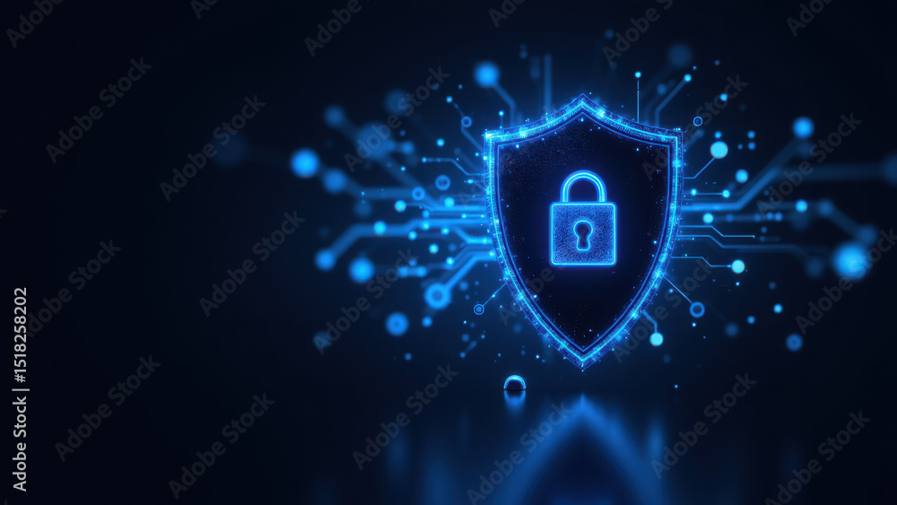 Poster blue lock with glowing digital graphics representing internet security and technology.