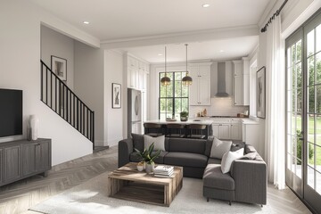 Architectural interior of small townhouse living room and kitchen with herringbone carpet, white walls, dark grey couches, rustic coffee table, modern pendant lights, cream palette, large windows and 