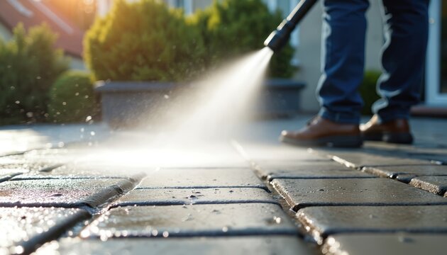 Man washes patio with high pressure water jet. Cleaning paving slabs from dirt grime. Outdoor terrace home improvement, professional job. Wet surface concrete pavement cleaning service.