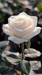 A pristine white rose with glistening droplets, captured in soft sunlight, showcasing delicate petals.