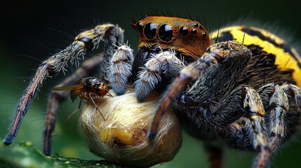 A close-up captures a detailed jumping spider holding its prey, showcasing nature's beauty.
