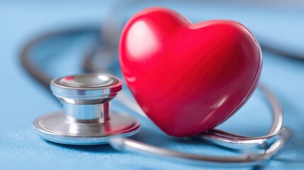 A stethoscope and a red heart symbol on a blue background, representing heart health and medical care.