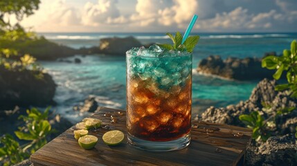 Vibrant cocktail on wooden platform by the ocean