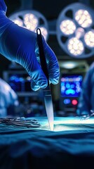 A surgeon's hand, gloved and ready with a scalpel, prepares for a precise operation.